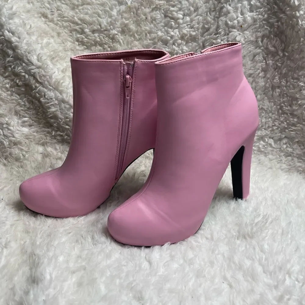 Allegra K faux leather pink ankle boots hidden platform heels side zipper SZ10